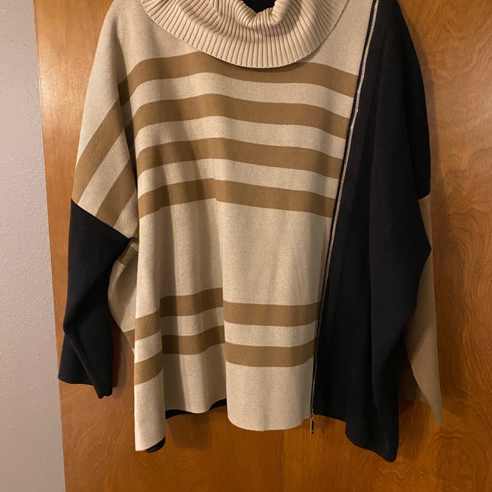Ivanka Trump Beige and Brown Striped Turtleneck Sweater with zipper detail